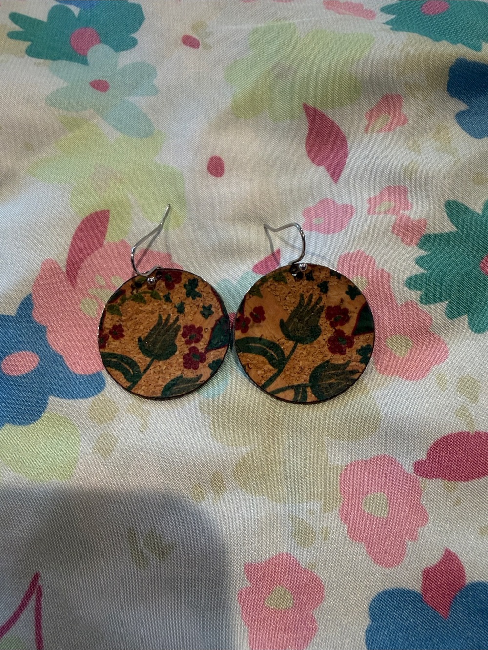 Hand-Painted Floral Cork Drop Earrings in Natural Brown